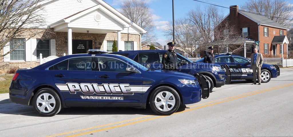 The Vanceburg Police Department has added three new vehicles to their fleet. Pictured with the vehicles are (L-R) Sgt. Joe Paul Gilbert, Chief Joe Billman and Mayor Matt Ginn. - Photo by Dennis Brown