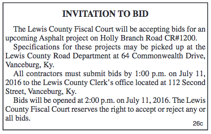 Lewis County Fiscal Court Invitation to Bid asphalt project