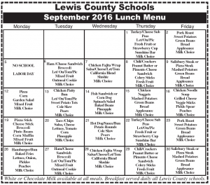 Lewis County Schools Lunch Menu September 2016 