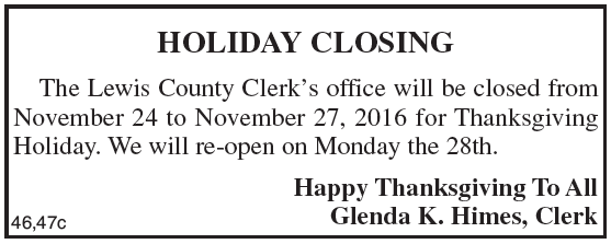 Public Notice, County Clerk's Office closed for Thanksgiving holiday