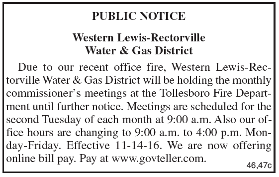 Public Notice, Western Lewis-Rectorville Water and Gas District, Change of meeting location 