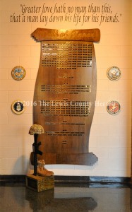 This tribute to fallen soldiers is located in the lobby at Lewis County High School. The annual Veterans Day Ceremony will be at the school auditorium Friday. - Dennis Brown Photo