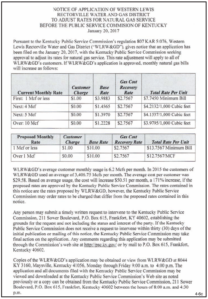 Notice of Application to Adjust Rates, Western Lewis Rectorville Water and Gas District