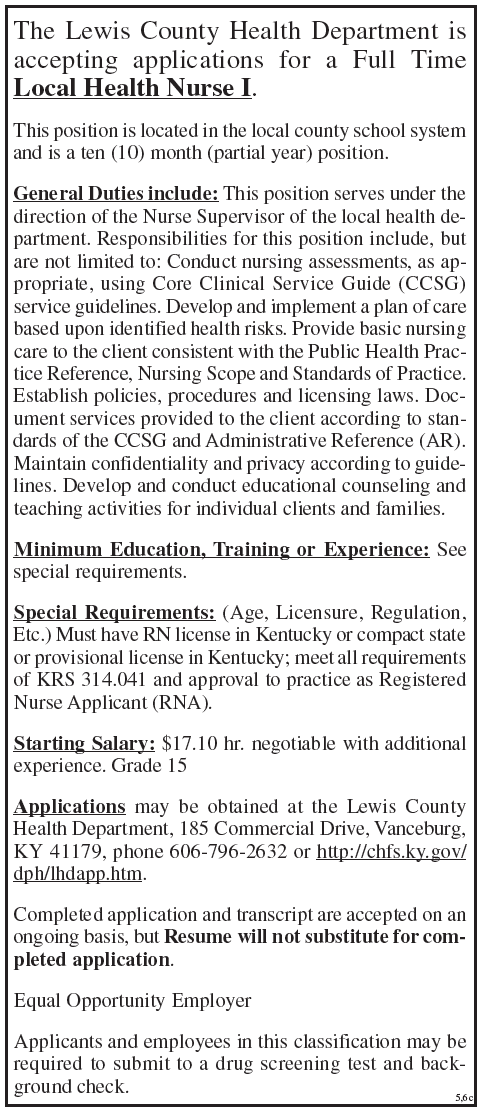 Lewis County Health Department, Accepting Applications