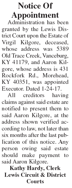 Notice of Appointment, Estate of Virgil Kilgore