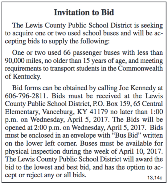 Lewis County Public School District, Invitation to Bid, Buses