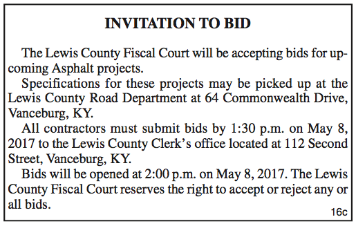 Invitation to Bid, Lewis County Fiscal Court, Upcoming Asphalt Projects