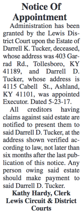 Notice of Appointment, Estate of Darrell K. Tucker