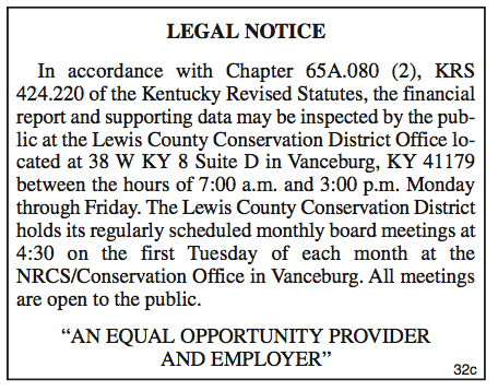 Legal Notice, Lewis County Conservation District Office, Financial Report 