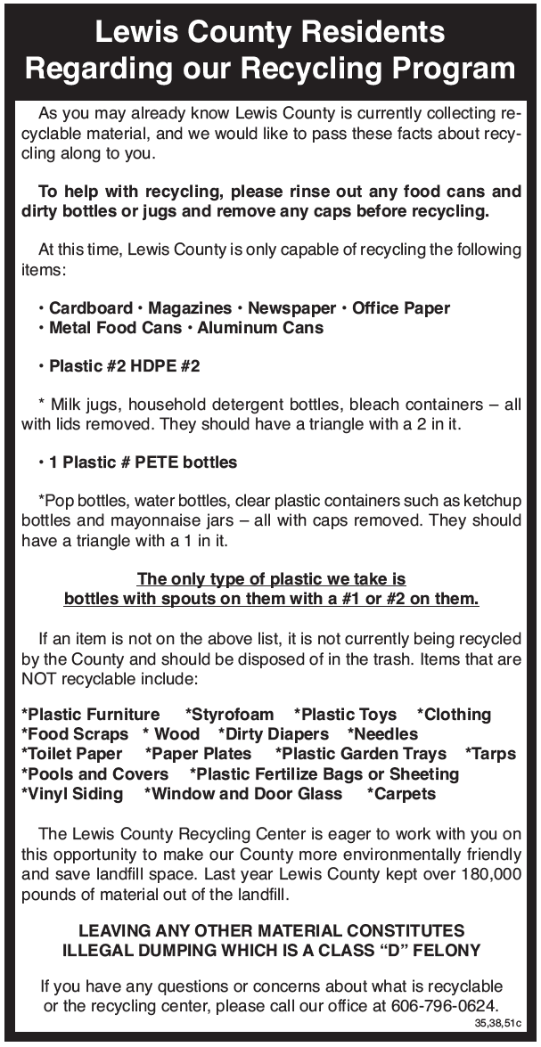 Notice, Lewis County Recycling Program
