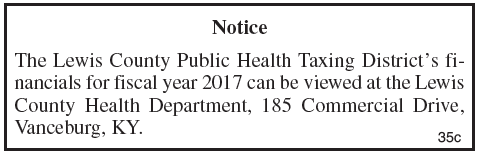 Notice, Lewis County Public Health Taxing District Financials available for viewing