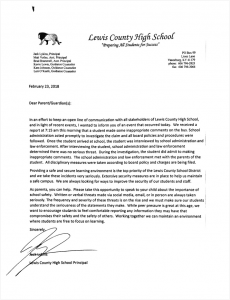 Letter from LCHS Principal Jack Lykins to parents/guardians.